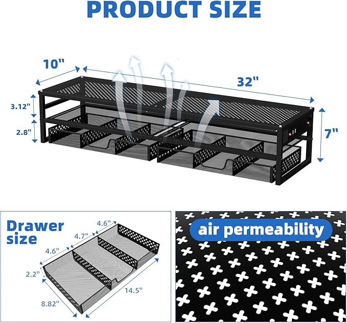 Simple Trending 2 Tier Metal Monitor Stand Riser with USB 2.0 and Charging Prot , Computer Office Desktop Organizer for 2 Monitors With Two Drawer Storage and Reusable Cable Ties,for Printer, TV, Black