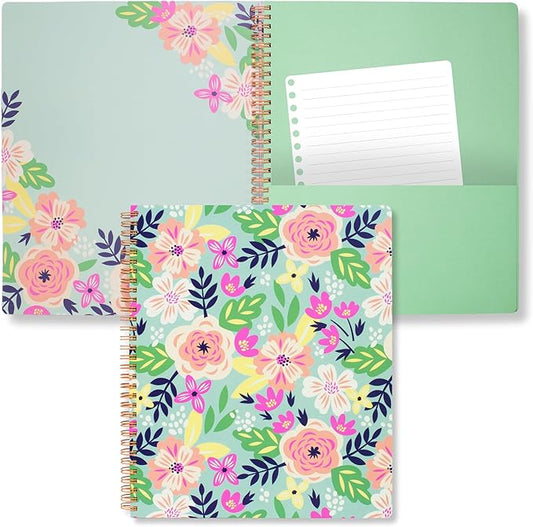 Steel Mill & Co Cute Large Spiral Notebook College Ruled, 11" x 9.5" with Durable Hardcover and 160 Lined Pages, Mint Floral