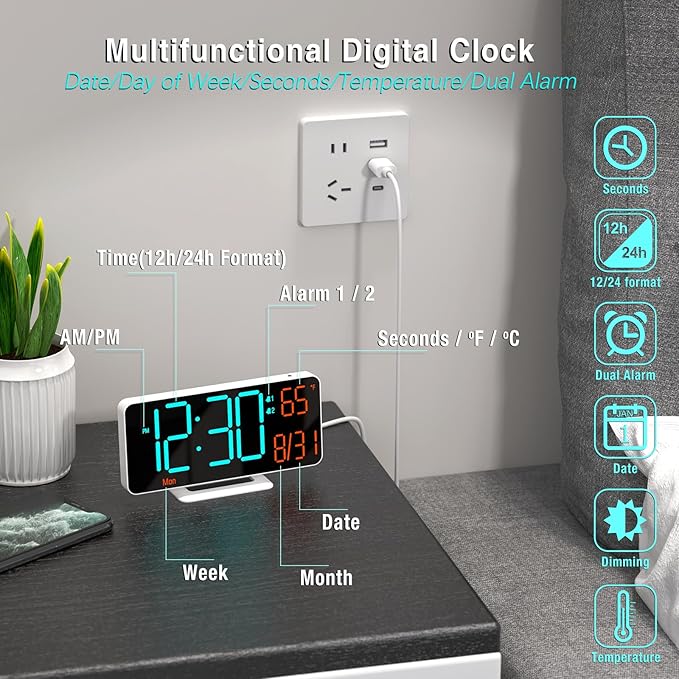 KOSUMOSU Desk Clock, 6.7in Small Digital Clock for Bedroom, Auto Dimming, Room Temperature, Day of The Week, Seconds, Date, LED Clocks for Living Room, Alarm Clocks for Bedrooms