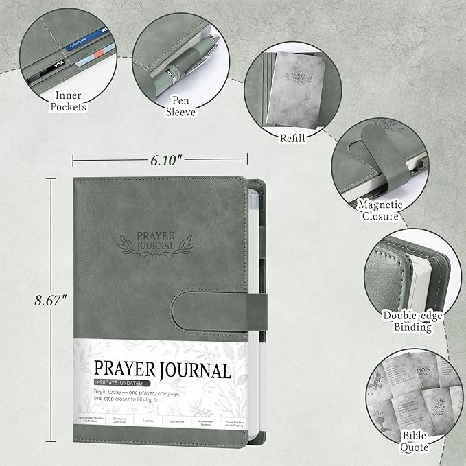 Ospelelf Green Faux Leather Prayer Journal - Christian Gift Journal for Women & Men, Daily Devotional Planner Notebook for Bible Study, Gratitude & Reflection, Undated 3-Month