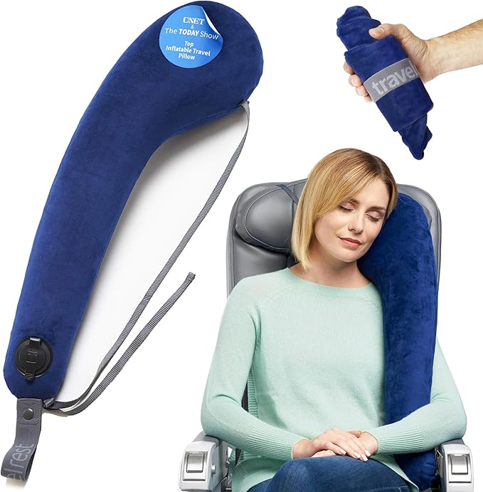 TRAVELREST All-in-One Neck & Body Pillow - Advanced Support and Comfort Design, Travel Essentials, Memory Foam, Inflatable, Airplane & Car Seat, Sleeping on Long Flight & Trips, Travel Pillow - Blue