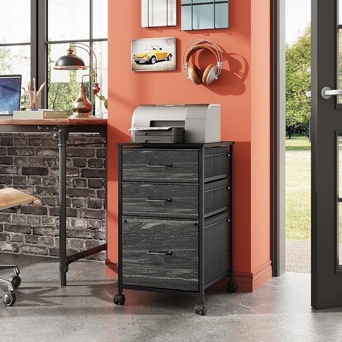 DEVAISE Mobile File Cabinet, Rolling Printer Stand with 3 Drawers, Fabric Vertical Filing Cabinet fits A4 or Letter Size for Home Office, Charcoal Black Wood Grain Print
