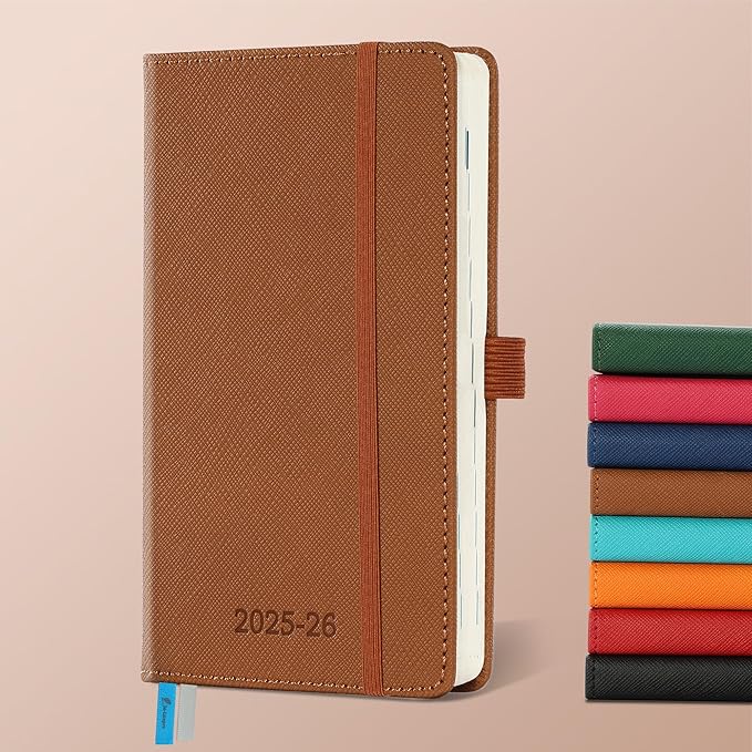 Weekly Monthly 2025-2026 Planner (July 25-Dec 26),6.5"x3.75",18 Months Agenda Plan with Month Tabs & Pocket,Expenses/Note Pages, Academic Calendar with Vegan Leather Cover,Brown