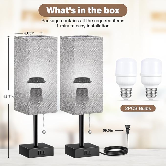 Grey Bedside Lamps for Bedroom Set of 2 - Small Nightstand Lamp with AC Outlet Charging Port, 3 Color Temperatures Rectangular Desk Light with Bulb, Tabletop Reading Lamp for Living Room/Dorm/Office