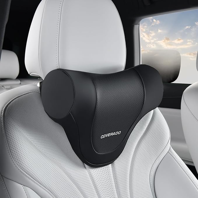 Coverado Car Headrest Pillow, Ergonomic Memory Foam Car Neck Pillow for Driving Seat with Adjustable Strap, Soft PU Leather Breathable Removable Cover Neck Support for Neck Pain Relief
