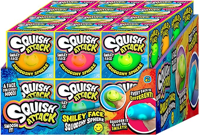 JA-RU Squish Attack Ball (24 Units Assorted) Squooshy Sphere with 6 Different Smiley Faces. Fidget Squishy Toy for Kids, Teen, & Adult. Soft Stress Therapy, Squish and Stretch Party Favor. 5606-24