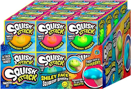 JA-RU Squish Attack Ball (24 Units Assorted) Squooshy Sphere with 6 Different Smiley Faces. Fidget Squishy Toy for Kids, Teen, & Adult. Soft Stress Therapy, Squish and Stretch Party Favor. 5606-24