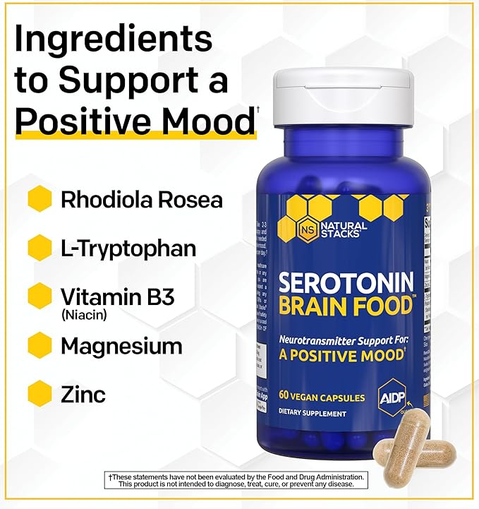 Serotonin Brain Food - 1250mg L-Tryptophan & 400mg Rhodiola Rosea Supplement - Mood Support Supplement for Stress Relief - Neurotransmitter Support with Magnesium Glycinate & Zinc - 60 Capsules