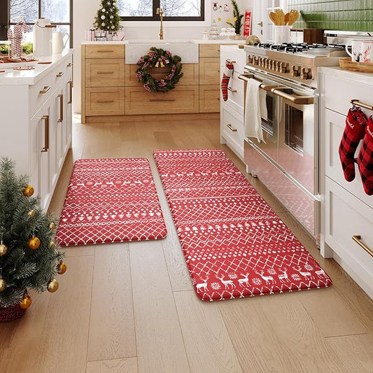 KIMODE Christmas Kitchen Rugs Sets of 2, Anti Fatigue Mats for Kitchen Floor, Farmhouse Red Christmas Kitchen Decor, Cushioned Kitchen Floor Mats Non Slip for Sink Laundry Desk 17"x47"+17"x29"