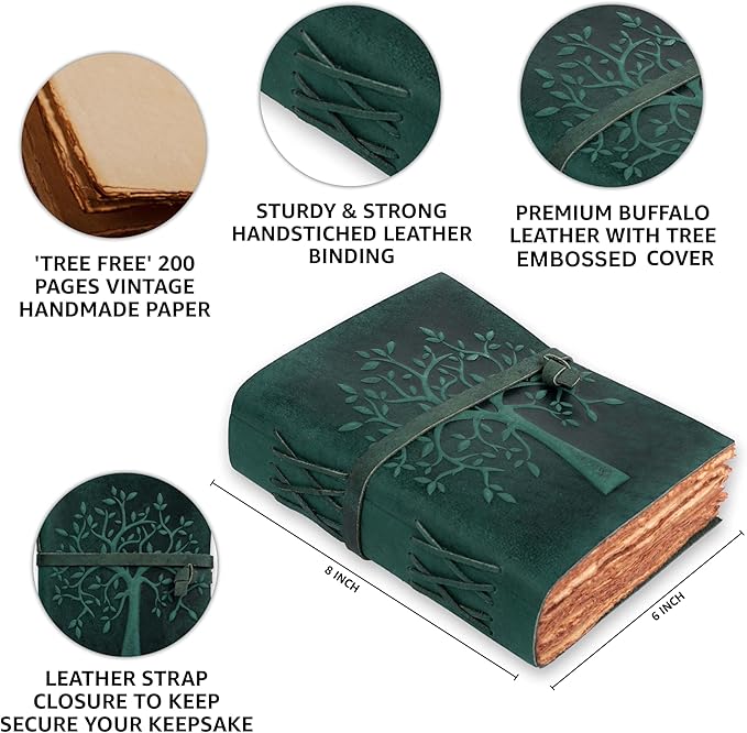 LEATHER VILLAGE Tree of Life Journal - 8"X6" (A5) inches - Turquoise - 200 Antique Deckle Edge Handmade Paper – Book of Shadows - Vintage Leather Bound Journal for Women & Men