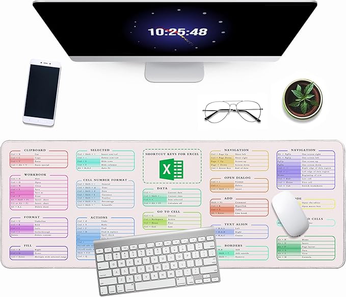Excel Cheat Sheet Desk Pad, 31.5"x11.8", Waterproof Extra Large Excel Shortcut Mat with Stitched Edges, Anti-Slip Excel Mouse Pad for Office Desk, MS Excel/Word Shortcuts (White Shortcut Key C)