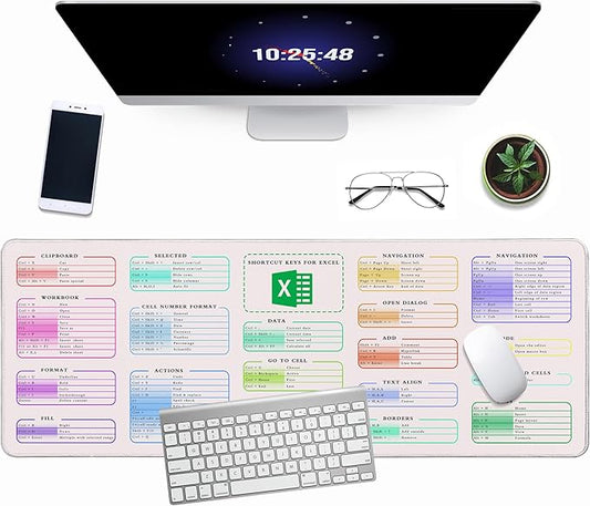 Excel Cheat Sheet Desk Pad, 31.5"x11.8", Waterproof Extra Large Excel Shortcut Mat with Stitched Edges, Anti-Slip Excel Mouse Pad for Office Desk, MS Excel/Word Shortcuts (White Shortcut Key C)