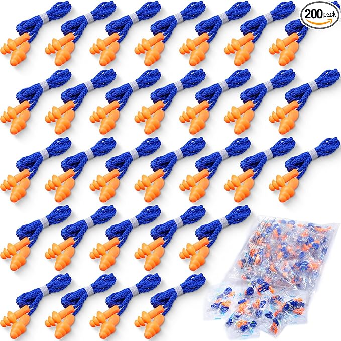 Tondiamo 200 Pairs Ear Plugs Reusable Silicone Earplugs with Cord Sleeping Individually Wrapped Hearing Protection Noise Cancelling Earplugs for Work Construction Shooting Sports(Blue, Orange)