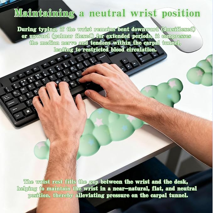 Cloud Wrist Rest Set for Keyboard and Mouse, Includes Cute Coaster, with Computers and Laptops (Green Colorful Star Set)