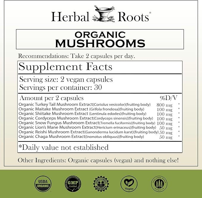 Herbal Roots Brain Health Duo, Organic Mushrooms and Organic Ginkgo Biloba, Powerful Boost for Brain Health, Non-GMO