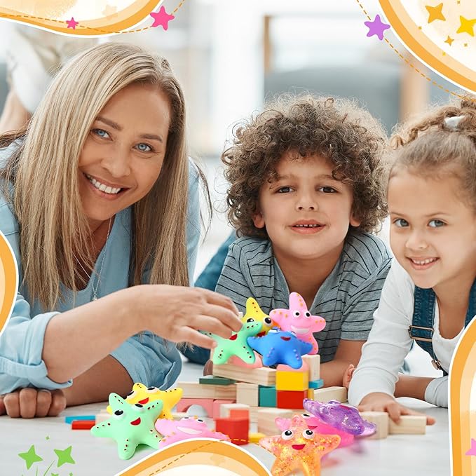 Meooeck 12 Pack Axolotl Stress Relief Toys Glitter Axolotl Starfish Stress Balls Fun Relaxing Squeeze Fidget Toys Relieve Anxiety Squeeze for Birthday Party Goodie Bag Stuffers(Starfish)