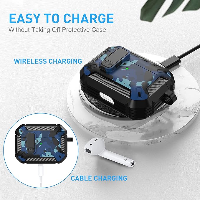 Maxjoy for AirPods Pro Case Cover with Lock, AirPods Pro 1st Generation Case for Men Military Rugged Protective Cover with Keychain Compatible with Apple AirPod Pros 2019 Front LED Visible, Blue Camo