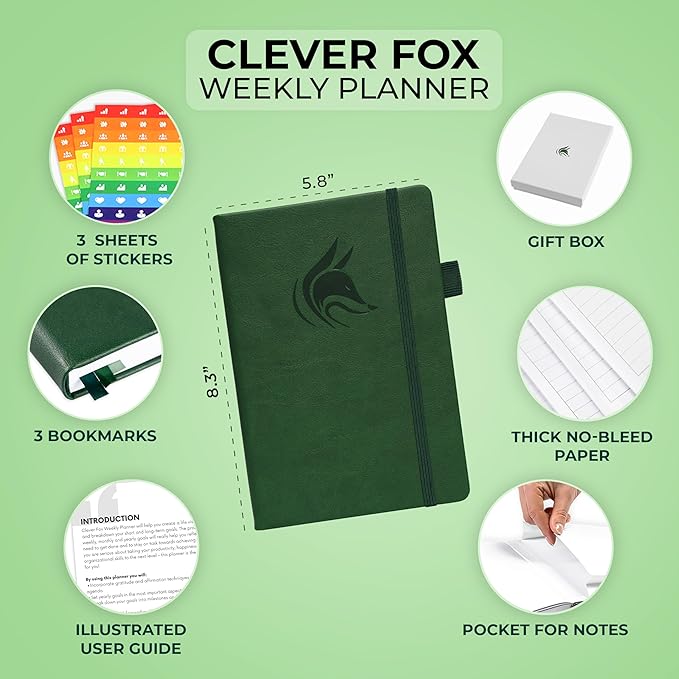 Clever Fox Planner – Undated Weekly & Monthly Planner for Productivity, Time Management & Goals – Organizer Journal – A5 (Dark Green)
