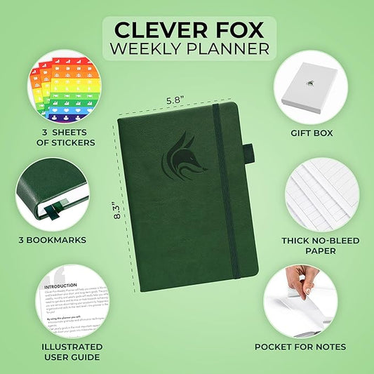 Clever Fox Planner – Undated Weekly & Monthly Planner for Productivity, Time Management & Goals – Organizer Journal – A5 (Dark Green)