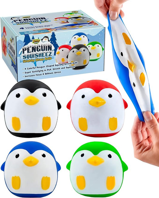 YoYa Toys Penguin Squisheez Squishy Stress Relief Balls (Set of 4) | Stretchy Fidget Animal Shaped Toys for Boys, Girls & Adults | Stretch Penguin Squeeze Toy | Great for ADHD, Autism, Anxiety