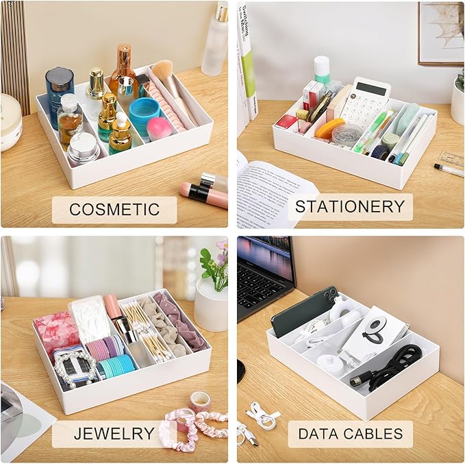 3 Pcs Cable Organizer Box with Wire Ties, Plastic Cord Charger Storage with 8 Compartments, Electronics Organizer for Home Office, Desk Drawer Stationery Stackable, White