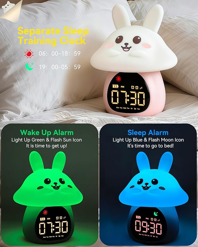 Yiliaw Sleep Training Alarm Clock with Night Light for Kids - Ok to Wake Clock with Dual Alarms, Night Light & RGB Colors, 6 Alarm Tones & White Noise, Rechargeable Clock for Boys & Girls, Bunny