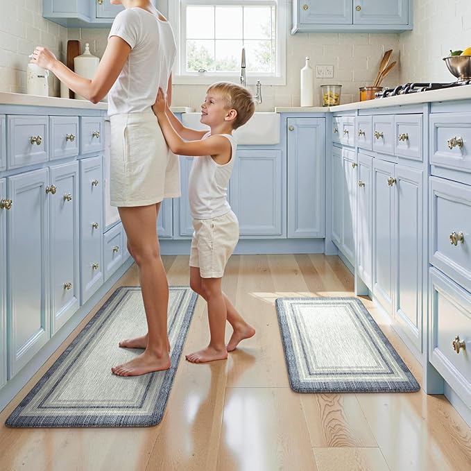 KIMODE Anti Fatigue Kitchen Mat 2PCS,Non-Skid Waterproof Kitchen Rugs,Farmhouse Kitchen Mat for Floor,Cushioned Comfort Foam Standing Mat for Laundry,Office,Sink,Desk,Blue and Gray
