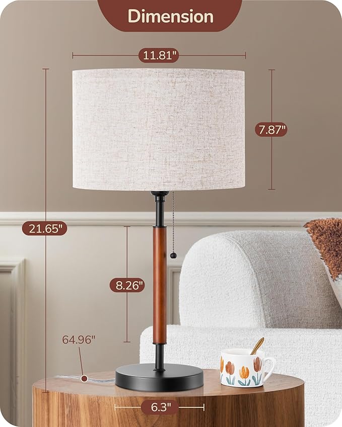 EDISHINE Mid Century Table Lamp, Pull Chain Switch Bedside Lamp with Linen Shade, Solid Wood Pole & Black Metal Base, Modern Nightstand Lamp for Bedroom, Living Room, Office, E26 Base