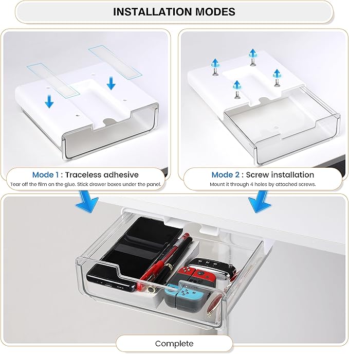 2 Pack Adhesive Under Desk Drawer Organizer Slide Out Attachment, Attachable Clear Acrylic Hidden Shelf Storage With Phone Stand, Add A Mounted Pull Out Tray For Cabinet, Table, Counter - Plastic