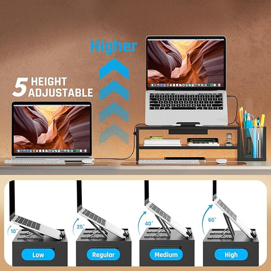 Adjustable Wood Laptop Stand, Ergonomic Height & Angle Stand with Pen Holder – Compatible with MacBook Air/Pro, Dell, HP, Lenovo & 10-17.3" Laptops – Black