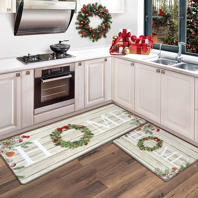 KIMODE Christmas Kitchen Mat 2PCS,Anti Fatigue Farmhouse Kitchen Rugs Non Slip,Waterproof Kitchen Floor Mat,Cushioned Comfort Standing Mat,Christmas Decorations for Home Kitchen