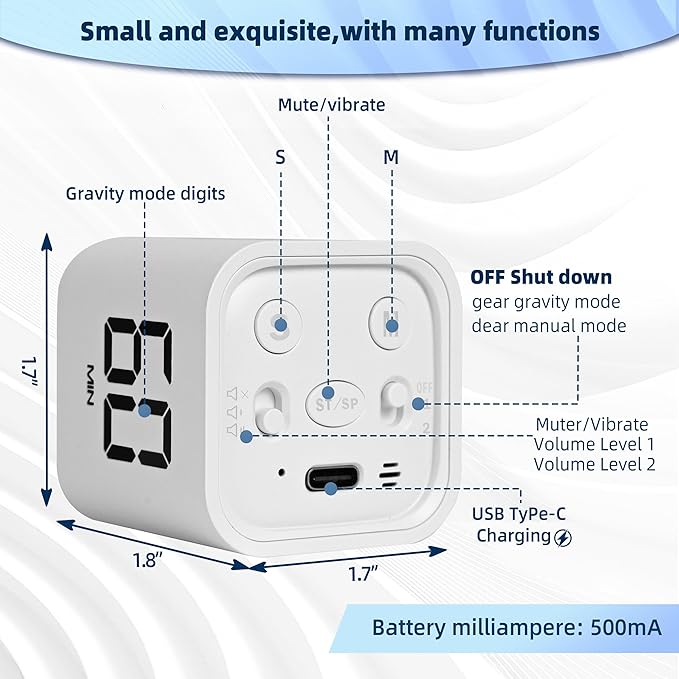 VEWINGL Cube Productivity Timer, 5/10/30/60 Min Presets + Custom Countdown, Silent/Vibrate/Sound Alarm, Pause & Resume, Desk Timer for Work, Study, Tasks, Kitchen