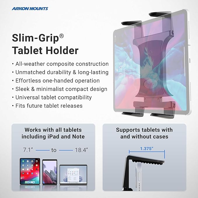 ARKON Mounts Clamp Tablet Mount | Secure Grip | 360-Degree Rotation | Easily attach to Handlebars, Posts, Stationary Bicycles, Treadmills, Desks | Tablet Holder for iPad, Galaxy, Note, and More