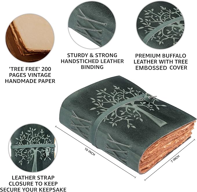 LEATHER VILLAGE Tree of Life Journal - 10 X 7 inches - Aqua - 200 Antique Deckle Edge Handmade Paper – Book of Shadows - Vintage Leather Bound Journal for Women & Men