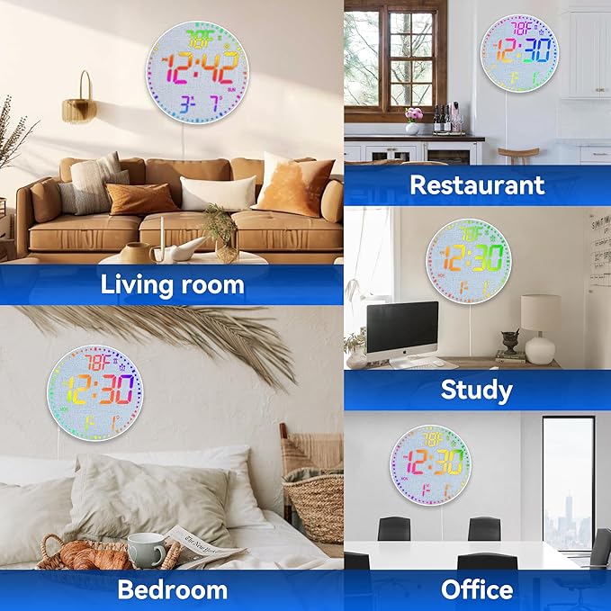 Kasbin 12 Inch Large Digital Wall Clock with Remote Control,RGB Color,Timer Date Temperature Display,Modern Clock for Living Room Bedroom Decor, Gift for Elderly (Grayish, 12")