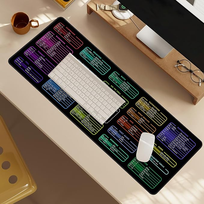 Excel Cheat Sheet Desk Pad, 31.5"x11.8", Waterproof Extra Large Excel Shortcut Mat with Stitched Edges, Anti-Slip Excel Mouse Pad for Office Desk, MS Excel/Word Shortcuts (Color Excel)