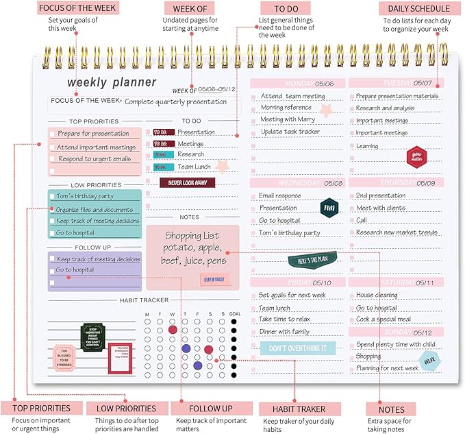 Weekly To Do List Notepad, 8.5''x11'' Weekly Desk Planners with 52 Tear Off Sheets Undated Planner Habit Tracker & Productivity Organizer for Home and Work, Pink