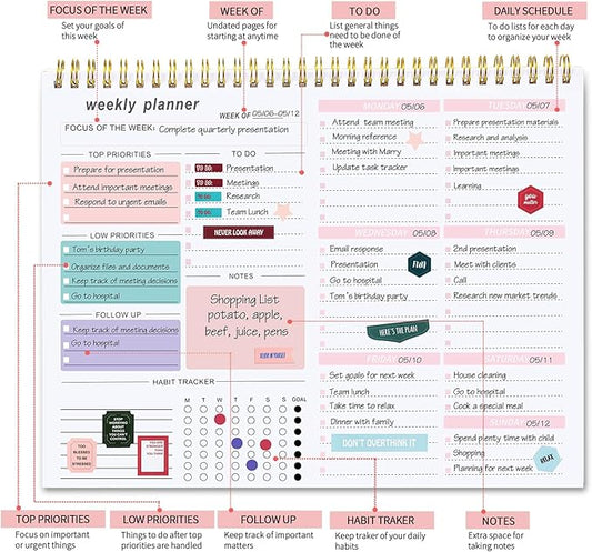 Weekly To Do List Notepad, 8.5''x11'' Weekly Desk Planners with 52 Tear Off Sheets Undated Planner Habit Tracker & Productivity Organizer for Home and Work, Pink