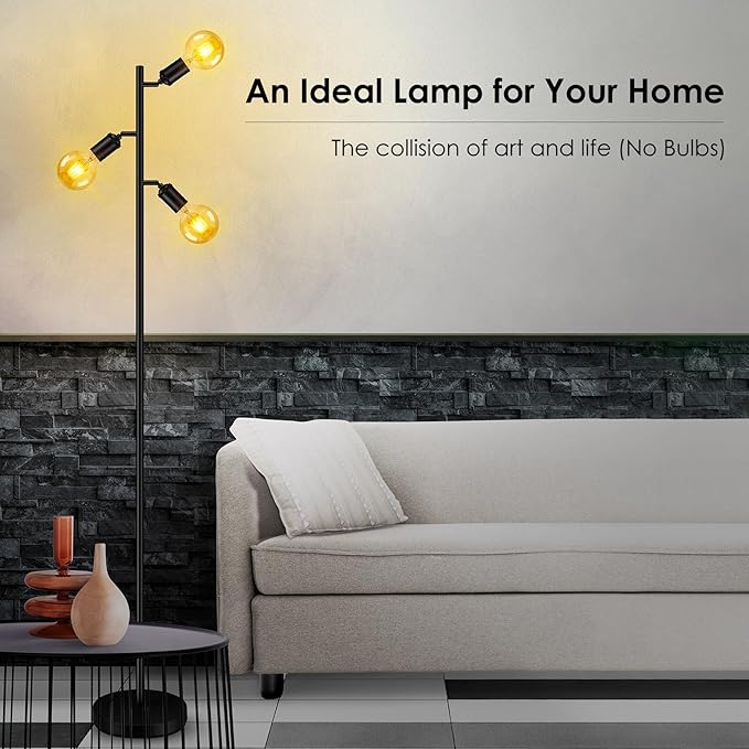 BoostArea Floor Lamp, Industrial Floor Lamp, Modern Tree Standing Lamp with Adjustable 3 Light, E26 Socket, Foot Switch, Minimalist Metal Stand Up Lamp Pole Lamps for Living Room, Bedroom (No Bulbs)