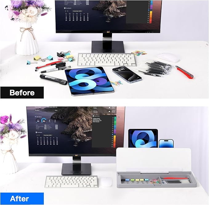 KVY Desk Whiteboard with Storage,Desktop Glass Dry Erase White Board Organizers Supplies with Accessories for Office, Home, School Essentials (Grey)