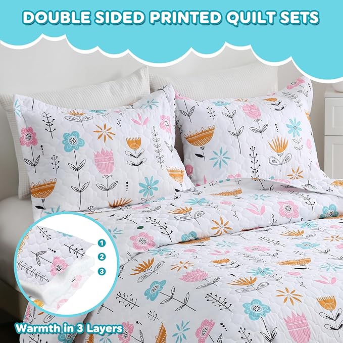 Girls Pink Floral Quilt Set Full Size Kids Bedding Sets Lightweight Summer Bedspread Soft Microfiber Breathable Bed Comforter All-Season
