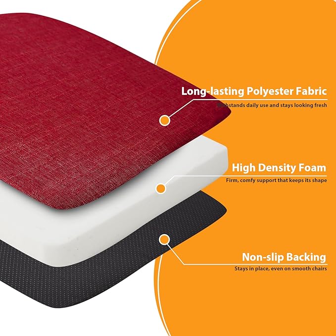 Chair Cushions for Dining Chairs, 2" Thick Seat Cushions for Kitchen Chairs, D-Shaped Chair Pads with Washable Cover, Ties and Non Slip Backing, 17'' x 16'', Set of 2, Red