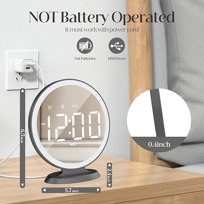 Round Mirror Lighted Digital Alarm Clock, Mirror Surface for Makeup, Large Display, Easy Setting, Auto DST, Auto Dimming, USB Port, Modern Decor for Home, Bedroom, Office, Gift for Women, Girl, Black