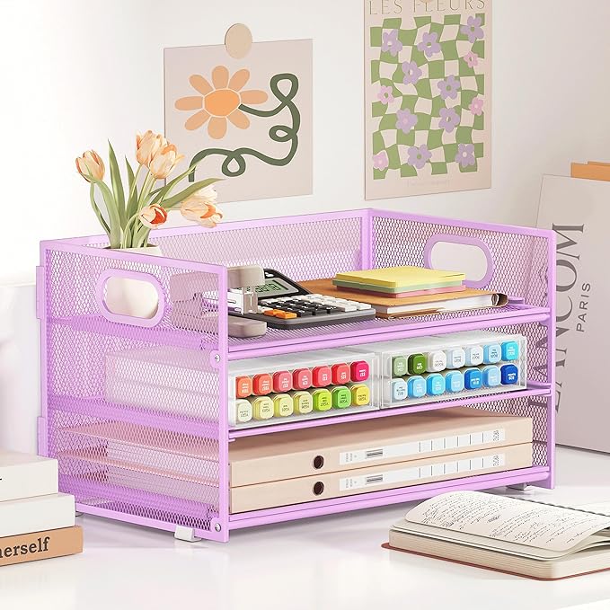 Subekyu 3 Tier Letter Tray Paper Organizer with Handle and 1 PC Sliding Tray, Purple Metal Mesh Desk File Folder Paper Sorter Organizer for Home Office School Desk Supplies Organization Storage