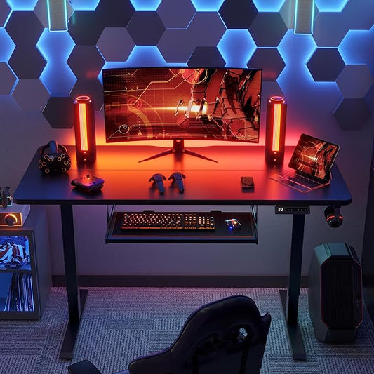 FEZIBO Standing Desk with Keyboard Tray, 55 x 24 Inch Adjustable Height Sit Stand Desk with Memory Presets for Home Office, Ergonomic Computer Workstation, Black