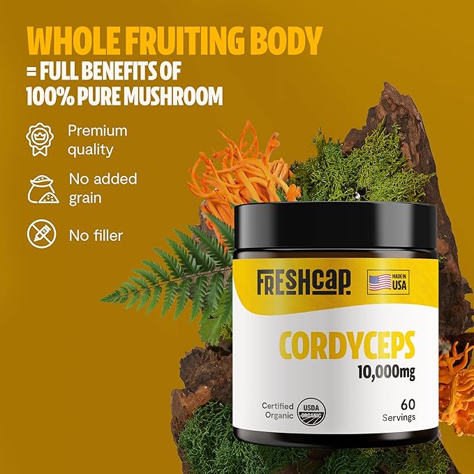 FreshCap Mushrooms Cordyceps Mushroom Powder 10,000mg - Mushroom Extract Immunity Supplement, Ayurveda Nootropic Mushroom Supplements (60 Servings)