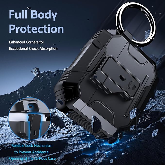 DASFOND Armor Earphone Cover Case for Airpods 4 Generation, Military Grade Full Body Shockproof Protection Hard Case, Support Wireless Charging with Keychain, Magnetic Lid, Front LED Visible, Black