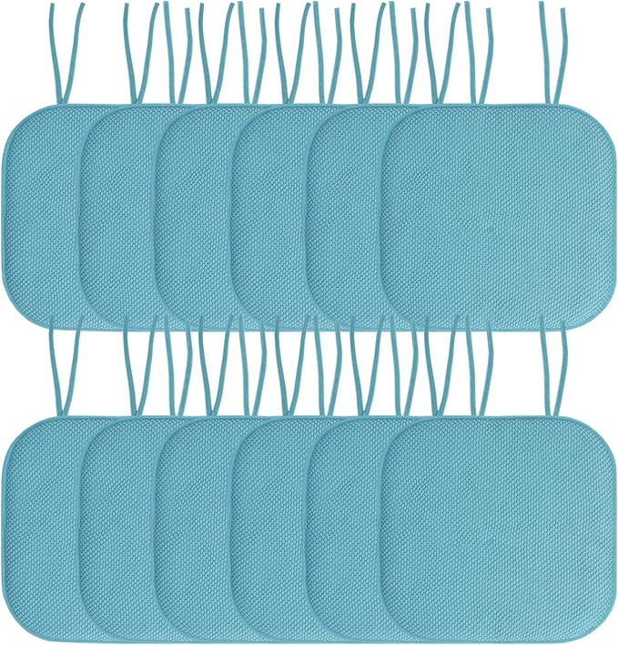 Sweet Home Collection Chair Cushion Memory Foam Pads with Ties Honeycomb Pattern Slip Non Skid Rubber Back Rounded Square 16" x 16" Seat Cover, 12 Pack, Teal 12 Pack