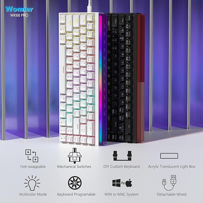 Womier 60% Percent Keyboard with Light Box, Wired Keyboard Gaming Mechanical with MCA Keycaps, OEM Profile, Programable, 64 Keys Hot Swap RGB Cream Key Board for PC Computer Win/MAC (WK68 PRO-White)