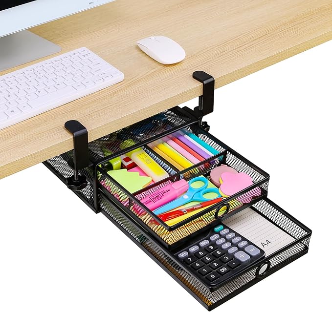 ROSLINE Under Desk & Desktop Drawer Organizer - 2-Tier Metal Slide Out Drawers Organizer, Storage for Home Office Desk (Black)